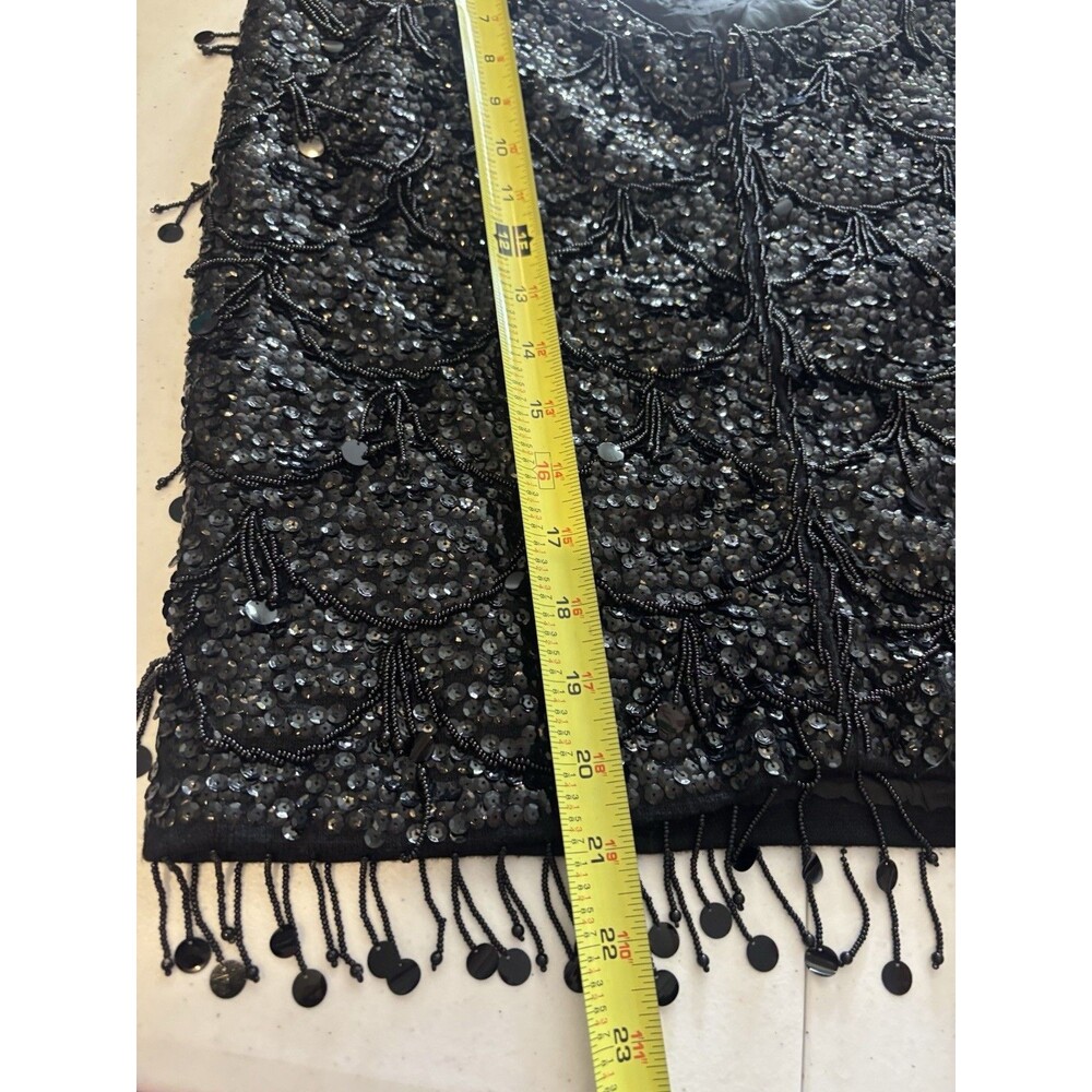 Vintage 60s Flapper Black Shiny Beaded Blouse Top Fringe Sequins Silk M Glam - Picture 6 of 16